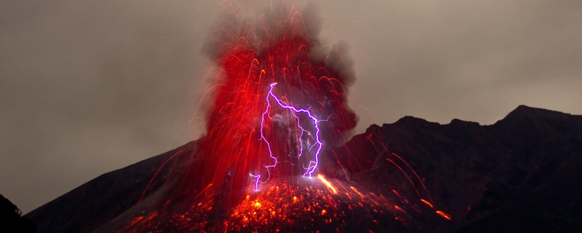 A volcano and lightening strike